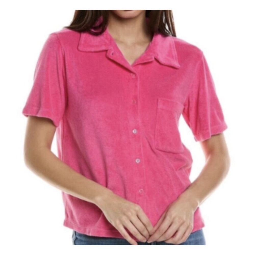 women's Terry Cloth Pocket Shirt Button Up Lounge Top Azalea Pink Sz Small Y2K
